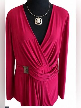 Joseph Ribkoff Draped Wrap Top Berry Red Buckle Detail Size 12